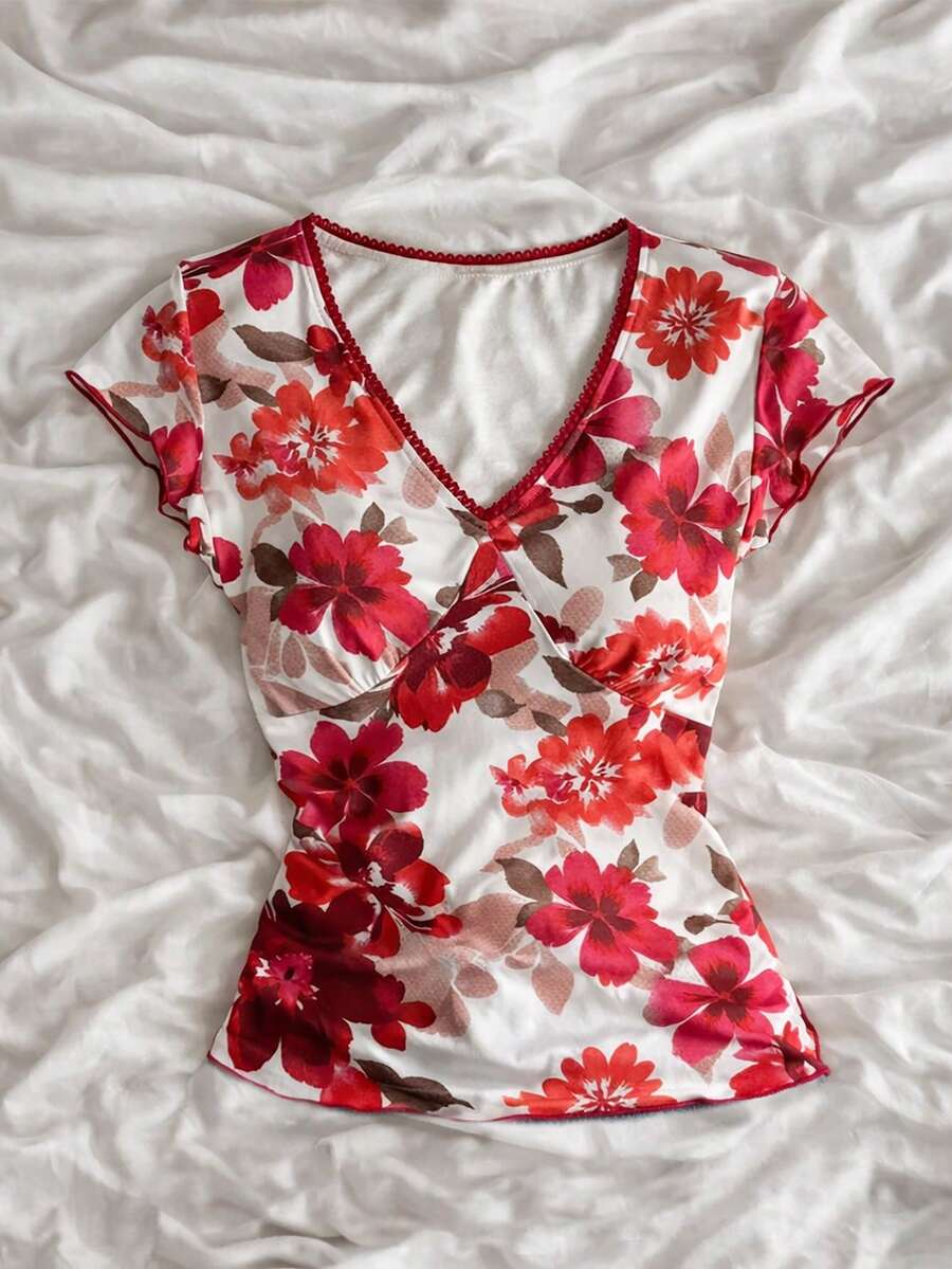 SHEIN 女士撞色印花短袖上衣 - 紅色 - 查看 1