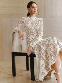 Anewsta 夏季度假轻盈连衣裙，镂空长袖水溶蕾丝性感V领露背修身鱼尾裙摆优雅派对礼服，女士 - 白色 - 查看 7