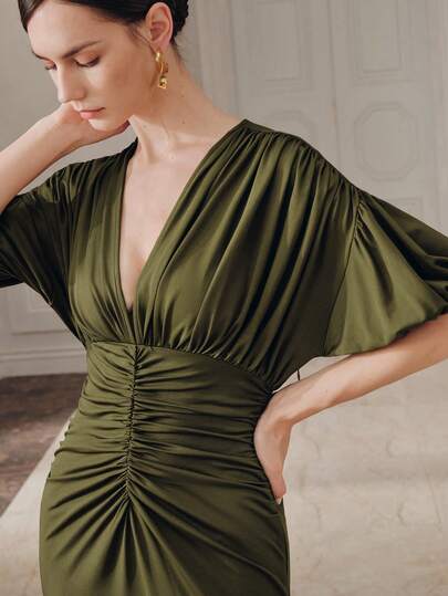  Anewsta Spring/Summer New Fashion Casual V-Neck Pleated Slim Fit Bubble Sleeve Elegant Long Knit Dress For Women