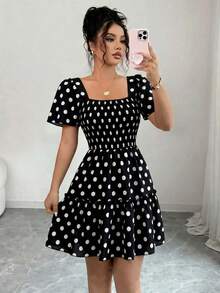 Franclia Vestido corto de verano para mujer con cuello cuadrado, mangas acampanadas y volantes en el bajo - Blanco y Negro - Ver 6