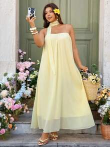 Breezaya 女士优雅无肩带缎带装饰轻盈性感长裙，黄色 - 黃色 - 查看 3