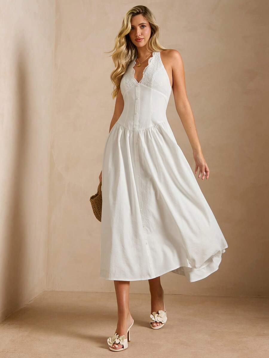 Enchnt 优雅的系带收腰连衣裙，仪态万方，尽显身材优势 - 白色 - 查看 1