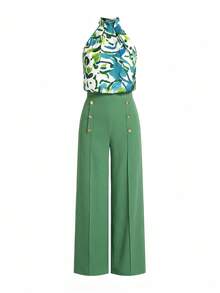 Ellevyn 彩色露背上衣和阔腿裤套装，夏季装扮 - 綠色 - 查看 7