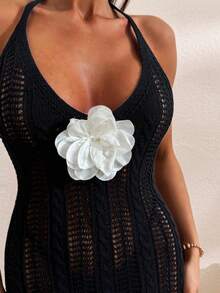 SHEIN Bodycon Slim Fit Black Midi Backless 3d Flower Detailed Cover Up Dress Vacation Style - Black - View 4