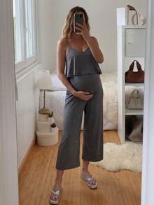 SHEIN Bộ áo liền quần cho con bú màu trơn, dây mảnh, dáng rộng, thoải mái. - Xám - Xem 5