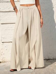 SHEIN Holidaya Quần ống rộng xòe bồng bềnh kiểu dáng thường ngày dành cho nữ, chất liệu giả vải lanh, có cúc và khóa kéo. - Màu be - Xem 4