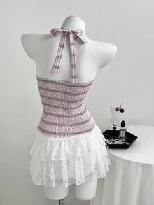 Elamini 女士褶皱蝴蝶结装饰露背吊带背心 - 粉色 - 查看 2