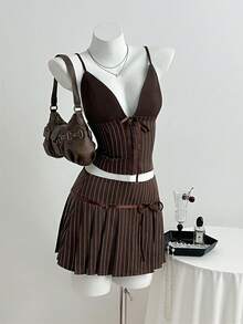 Flirla Women's Summer Two-Piece Set: Color-Block Crop Top With Stripe Tie Detail & Matching Strappy Pleated Skirt, Casual Style. - Brown - View 8