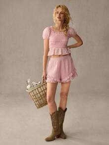 WESTFADE Soft Pink Women's Cottage Core Summer Two Piece Matching Sets,Smocked Neck Puff Sleeve Peplum Top & Tiered Ruffle Shorts,Picnic Boho Western Outfits - Pink - View 7