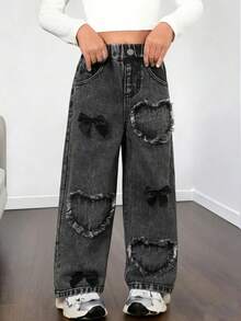 SHEIN Quần jeans dáng rộng cho bé gái, màu xanh nhạt, họa tiết bướm và trái tim thêu nổi, cạp chun, chất liệu cotton thoải mái, kiểu dáng thường ngày, phù hợp cho mặc hàng ngày, dự tiệc, du lịch và hoạt động ngoài trời. - Màu Xám nhạt - Xem 3