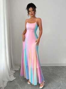 Rafferiza Summer Dopamine Girl Sweet Rainbow Chiffon Dress, Elegant Lady Vacation Spaghetti Strap French Style Dress - Pink - View 6