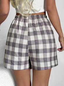 DAZY Plaid Pattern Loose Fit Shorts, Women Summer Casual Sleepwear Bottoms - Grey - View 2