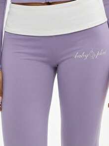 BABYPHAT Leggings acampanados de talle alto con detalles en contraste de color lavanda y ribete blanco, moda de otoño para mujeres - Lila Púrpura - Ver 8