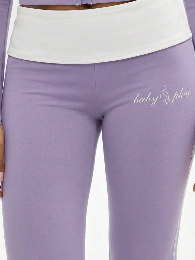 BABYPHAT Lavender Contrast Detail Flare Leggings With White Piping High Rise Bell Bottom Style Fall Fashion Women