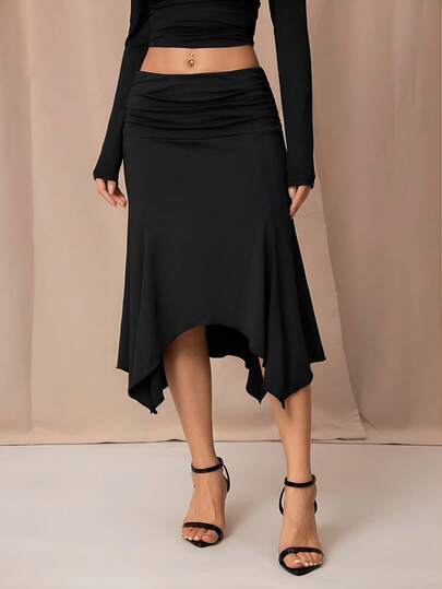 SHEIN PETITE Women's Elegant Casual Asymmetrical Ruched Brown Skirt, Spring/Summer Black Skirt