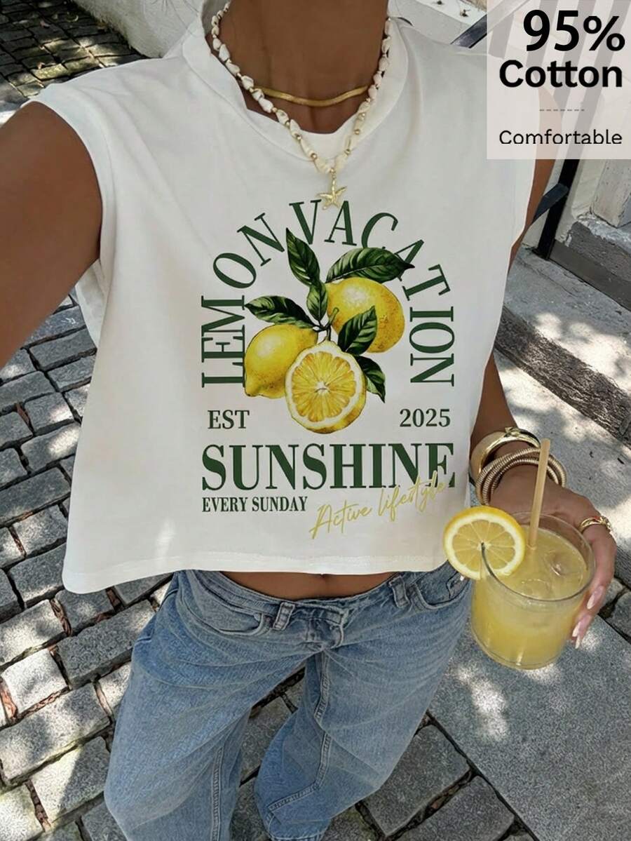 Siren Gaze Women's 92% Cotton Lemon Vacation Print Tank Top - Breathable Summer Casual Tee For Dates, Island & Beach Trips, Western Festivals, Retro Y2K Streetwear, Rave Wear, Spring/Summer Club, Gym, Music Festivals & Daily Outfits - Multicolor - View 1