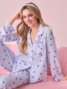 Bonmuse 女士泡泡褶皱爱心印花家居服套装，适合室内外穿着 - 藍色 - 查看 3