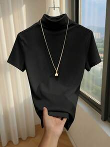 GlowEve Áo thun nữ tay ngắn màu mơ, chất liệu cotton, kiểu dáng tối giản, cổ đứng, cài nút trang trí vai, phù hợp mặc ở nhà và đi chơi, đa năng, là món đồ không thể thiếu trong tủ quần áo. - màu đen - Xem 2