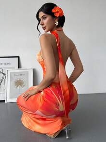 Rafferiza Đầm dài nữ thời trang, thanh lịch, gợi cảm, hở lưng, cổ yếm, bất đối xứng - Nhiều màu - Xem 1