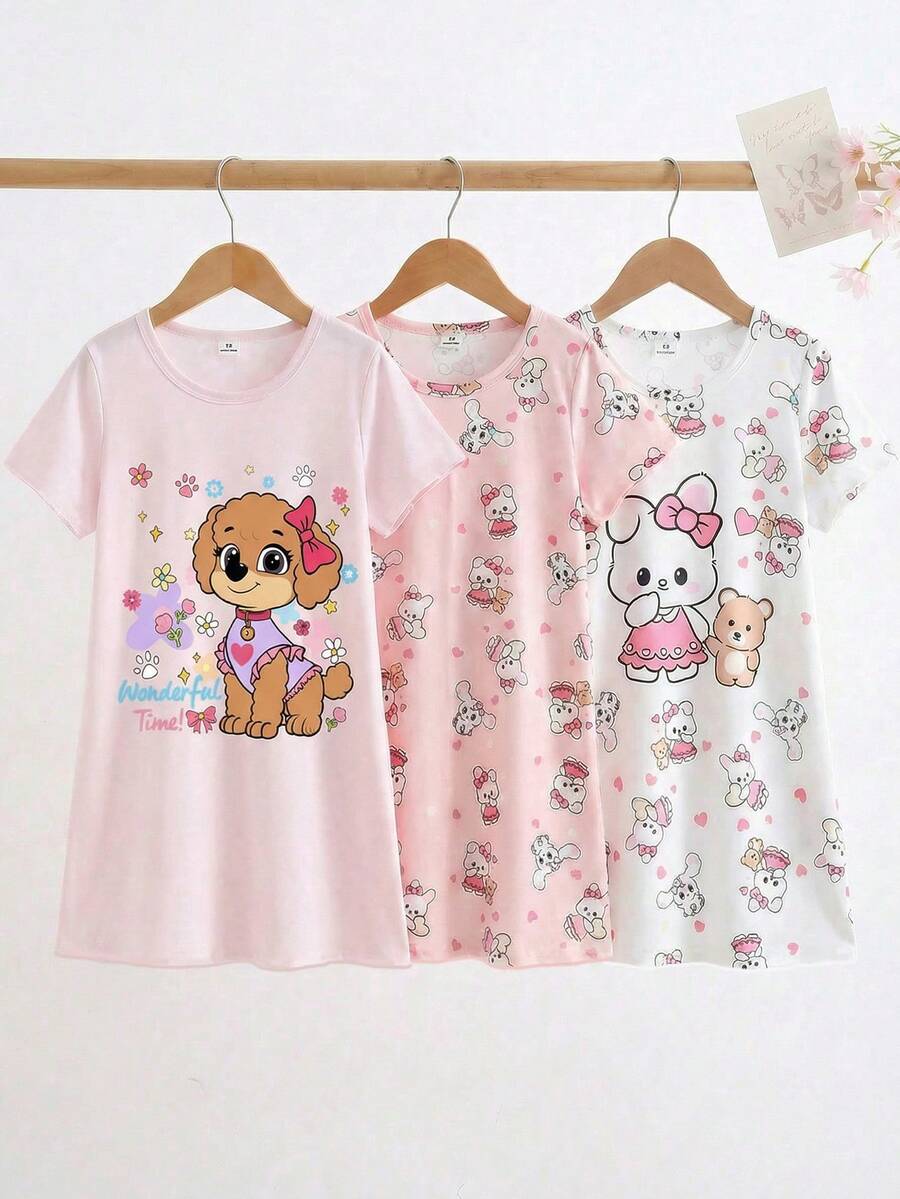 3件套 女童可爱卡通动物印花短袖中长款睡衣，春夏款 - 彩色 - 查看 1