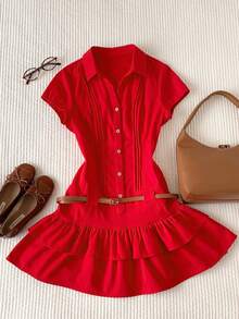 Comfortcana Women's Red Summer Cute Everyday Solid Cap Sleeve Single-Breasted Pleated Casual Shirt Dress,Festival Spring Outfit,Easter Beach Vacation Y2k Work - Red - View 5