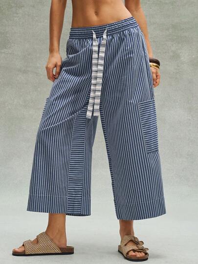 Bohemela Women's Casual Woven Striped Loose Wide-Leg Pants