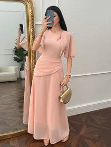 Modelyn Đầm xòe nữ xếp ly eo, che khuyết điểm bụng - Hồng - Xem 1