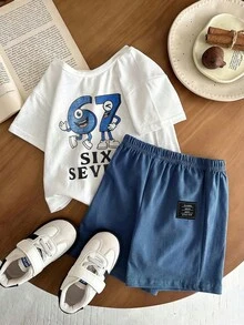 SHEIN 2pcs/Set Baby Boy/Girl Casual Cute Crayon Animal Print Loose Round Neck Knit Top T-Shirt And Shorts Set, Suitable For Spring/Summer Wear - Multicolor - View 5