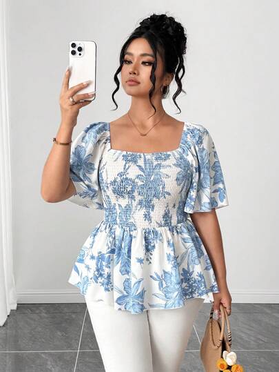 Elenzga Plus Size Women Elegant Floral Print Blouse For Daily Wear