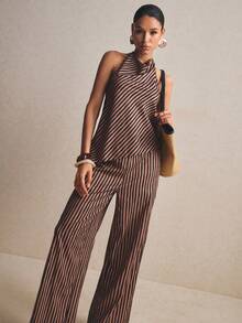 Poéselle Bộ đồ 2 món dành cho nữ: Áo hai dây vạt lệch và quần, kẻ sọc. - Cà phê nâu - Xem 6