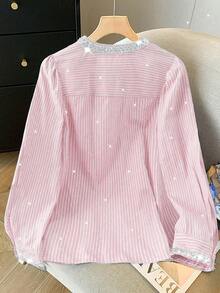 GlowEve CURVE Plus Size Women's Round Neck Striped Beaded Patchwork Shirt, Suitable For Outing, Commuting, Casual Wear - Pink - View 2