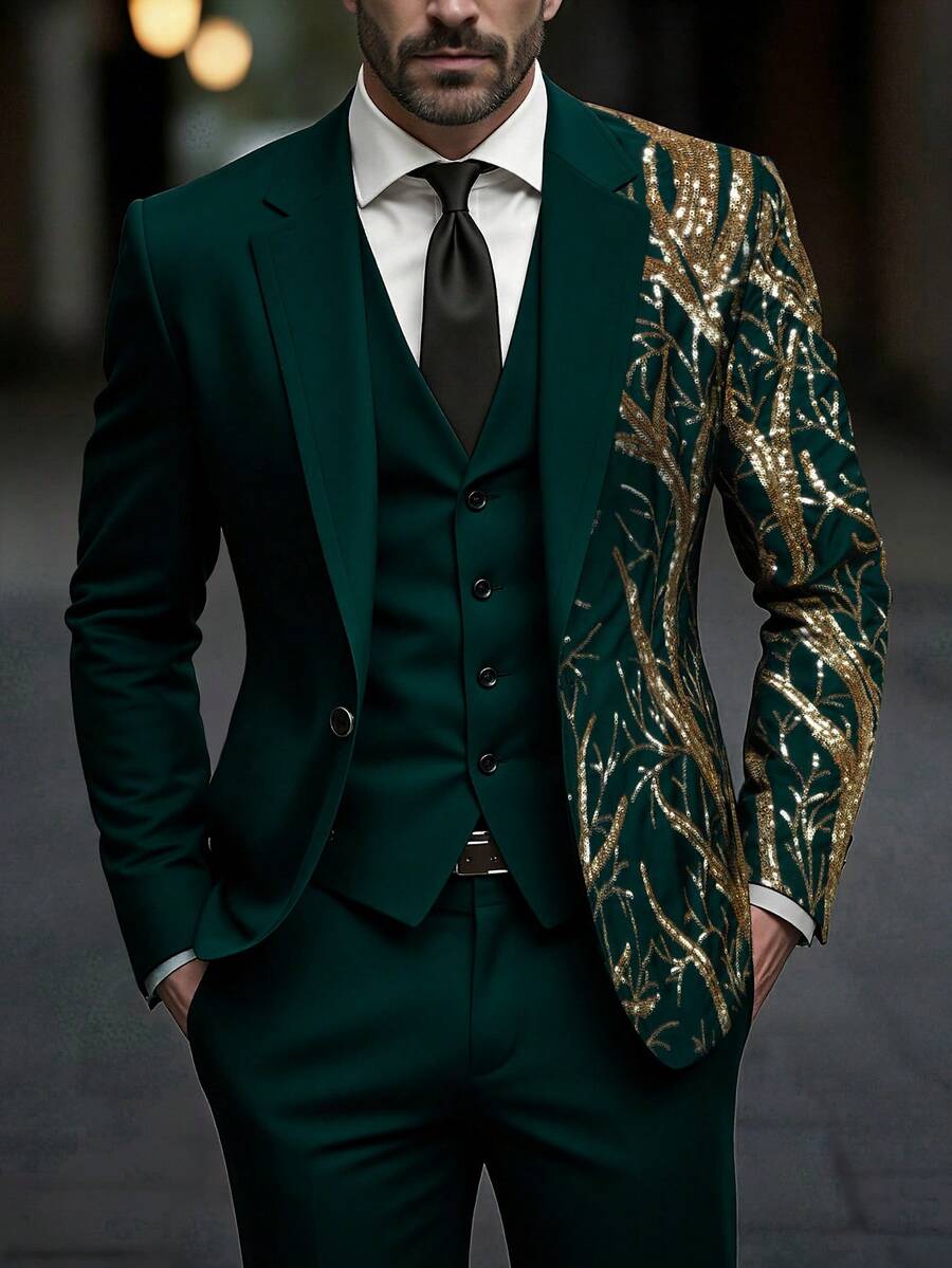 Manfinity Bizformal Bộ vest nam thời trang thêu sequin, kiểu dáng đơn giản, gồm áo khoác và quần, thích hợp cho tiệc tùng và biểu diễn. - màu xanh lá - Xem 1