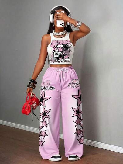 Slaydiva Casual Minimalist Sports Street Chic Versatile Party Airport Outfit, Numeric Number & English Letter Spray Paint Ombre Graffiti Print Pattern, Suitable For Spring/Summer Comfortable Plus Size Women's Bodysuit And Loose Pants 2-Piece Set