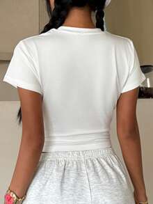INAWLY Women's Minimalist Print Short Sleeve Crew Neck Cropped T-Shirt - White - View 2