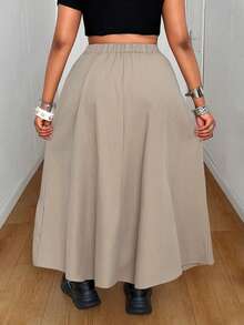 Maweii 褶裥抽绳A字宽松休闲通勤度假时尚小众设计新款必备日常穿搭通勤装卡其色大码女式长裙，春夏Y2K 2000年代风格女式夏季穿搭宽松女式夏季穿搭 - 卡其色 - 查看 3