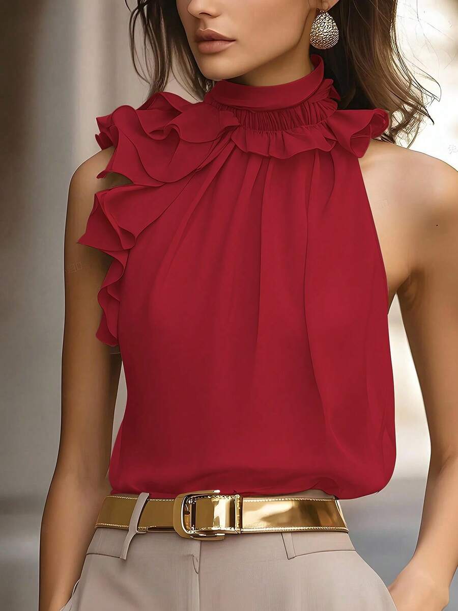Bluhae Ruched Sleeveless Blouse, Intellectual And Elegant - Burgundy - View 1