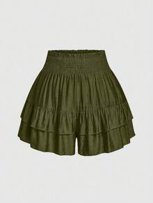 SHEIN LUNE 大码 Holidaya 纸袋腰荷叶边阔腿短裤 - 軍綠色 - 查看 1