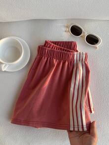 Comfortcana Quần short nữ ống rộng, chất liệu dệt kim màu đỏ cổ điển, kiểu dáng thường ngày. - Đỏ - Xem 5