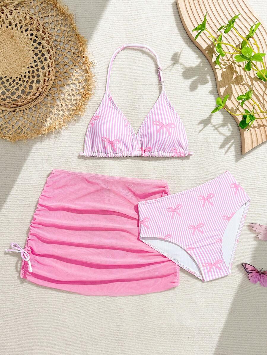SHEIN Tween Girls 3-Piece Bikini Set, Cute Pink Striped Halter Top, Bow Accent, Adjustable Back, Side Tie Bottoms With Skirt, Knit Fabric, Fashionable Elegant Swimsuit For Swimming, Beach, Pool, Summer Vacation - Pink - View 1