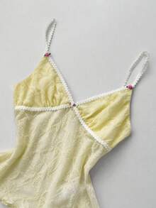 Elamini White And Yellow Summer 1960s Vintage 70s Retro Party Women's V-Neck Lace Ruffle 3D Flower Bow Tie Backless Camisole Tank Top Italian Corset Camis - Light Yellow - View 3