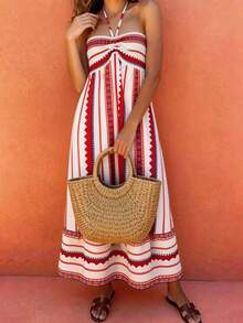 Vaclyn Women's Casual Geometric Print Halter Neck Vacation Dress - Red - View 1