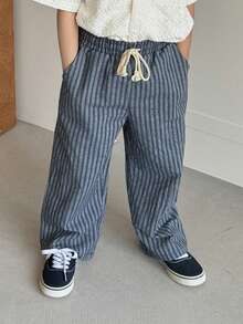 DAZY 男童抽绳腰带条纹休闲百搭阔腿裤，适合日常穿着 - 藍色 - 查看 1
