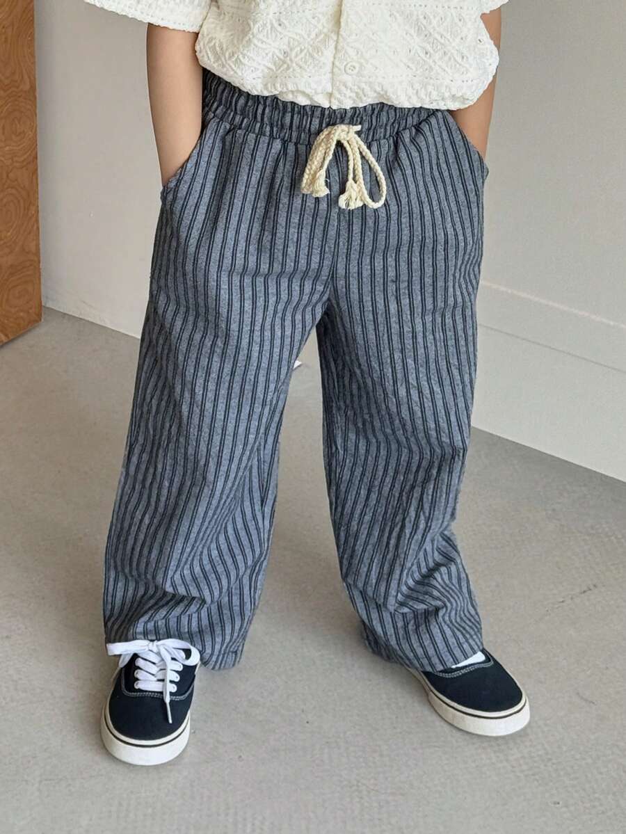 DAZY 男童抽绳腰带条纹休闲百搭阔腿裤，适合日常穿着 - 藍色 - 查看 1