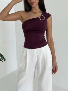 Aloruh 女士新款性感露肩紫红色上衣/性感短款上衣/度假上衣/可爱夏日上衣/优雅上衣 - 中紫紅色 - 查看 5