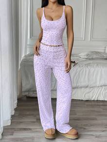 Flirla 2 件套吊带背心印花罗纹面料家居服套装 - 裤子和上衣 - 紫色 - 查看 5