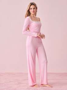 SHEIN 两件套女士方领蝴蝶结INS风睡衣套装，舒适优雅细节，秋冬服装 - 藕粉色 - 查看 6