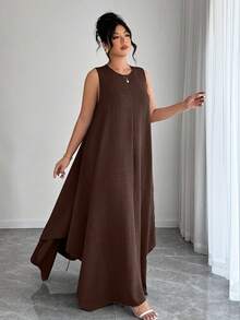 Elenzga Đầm dáng chữ A thắt eo bất đối xứng dành cho nữ cỡ lớn, thanh lịch, thích hợp đi làm, đi nghỉ mát, mặc hàng ngày. - màu nâu - Xem 8