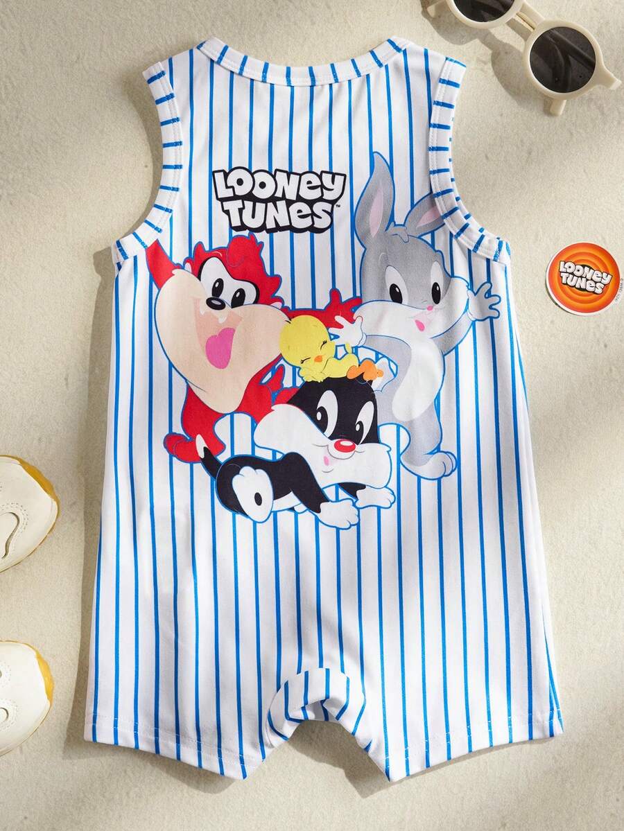 LOONEY TUNES X SHEIN Tutina casual da neonato maschio con stampa a cartoni animati e a righe, collo rotondo - Bianco - Visualizzare 1