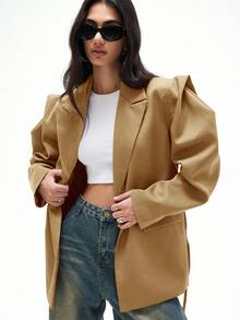 Loose Fit Casual Commuting Versatile Extra Wide Shoulder Silhouette Drawstring Decor Solid Color Blazer - Camel - View 4