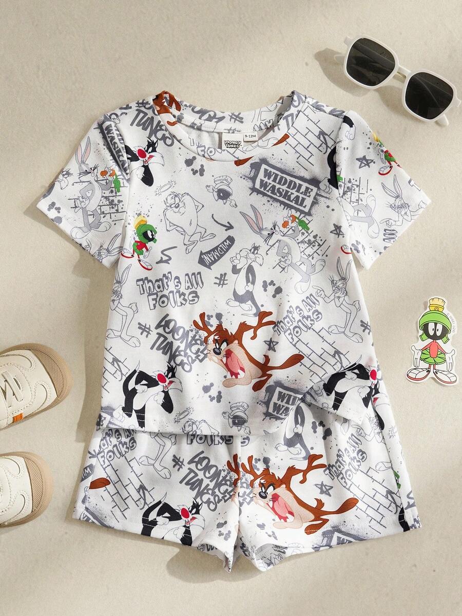 LOONEY TUNES X SHEIN Baby Boys Short Sleeve T-Shirt Set, - White - View 1